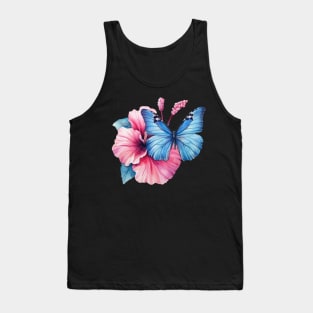 Blue Butterfly on Pink Hibiscus Watercolor Tank Top